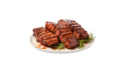 Grilled steak on plate cut out. Isolated tasty steak on transparent background