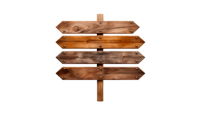 Wooden sign with arrow cut out. Isolated retro wood direction sign on transparent background