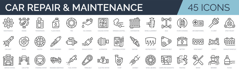 Set of 45 outline icons related to vehicle repair and maintenance. Linear icon collection. Editable stroke. Vector illustration