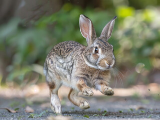 Naklejka na ściany i meble A swift rabbit in full sprint, with a soft green backdrop.