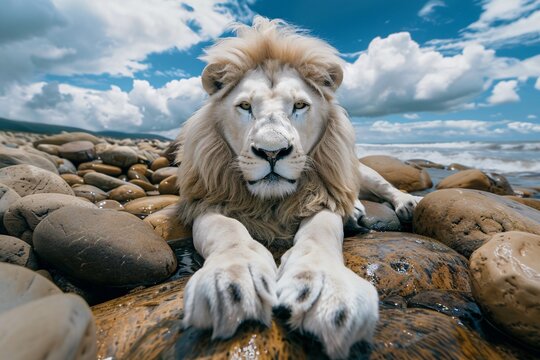 a lion lying on rocks