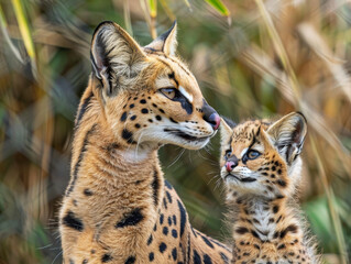 A serval mother and cub look around their leafy environment with curiosity.