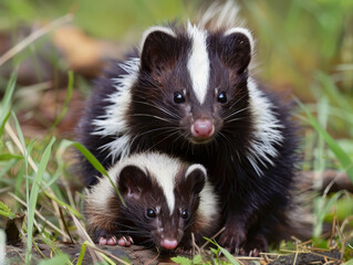 Skunk mother with her baby carefully exploring wild nature.