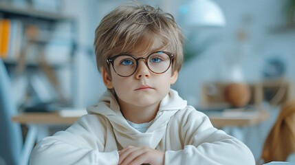 a boy wearing glasses and a hoodie - obrazy, fototapety, plakaty