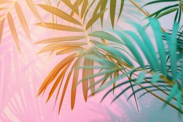 Tropical palm leaves in interior with light pastel gradient colors. minimal art concept