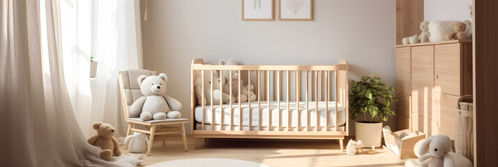 Neutral-Themed, Welcoming and Cozy Nursey Room with Wooden Crib and Comforting Decorative Elements - obrazy, fototapety, plakaty