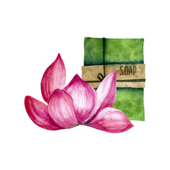 Hand drawn watercolor composition of green soap and lotus flower isolated on a white background.