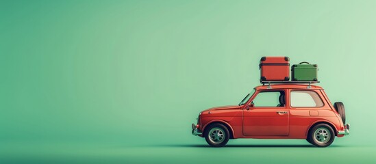 a red car with luggage on the roof