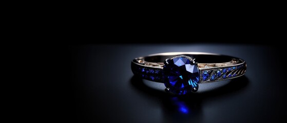 Jewelry ring with blue sapphire on a black background with copy space. Perfect for jewelry store advertisements or engagement-related content with Copy Space.