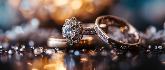 Wedding rings with diamonds on a black background with bokeh