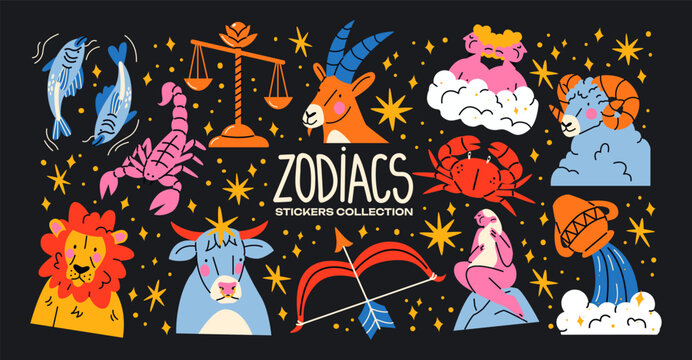 Astrological zodiac signs stickers, constellation elements, star horoscopes in cartoon retro style. Cancer, Pisces, Scorpio, Virgo, Aquarius, Capricorn, Taurus, Libra, Leo, Sagittarius, Gemini, Aries.