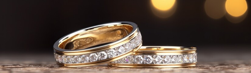 Two gold wedding rings on bokeh background with copy space, close-up. Perfect for jewelry store advertisements or engagement-related content with Copy Space.