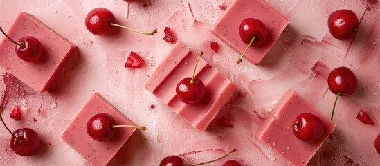 A pink wall adorned with handcrafted organic soap embedded with cherries. The cherries are neatly arranged on the wall, creating a visually appealing display that highlights the natural ingredients