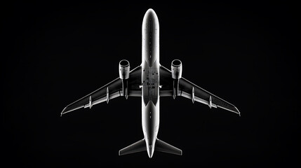 Underneath view of a modern passenger airplane in flight against a black background.