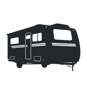 recommend clip art: Camping trailer silhouette. Isolated black drawing of travel truck. Touristic mobile house. Outdoor family wagon icon. Holiday transport