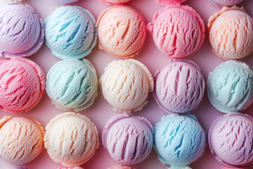 Obraz premium Pattern of pastel colored scoops of ice cream. Summer minimalism. Generative AI