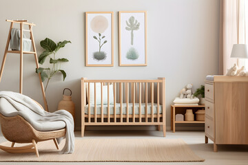 Neutral-Themed, Welcoming and Cozy Nursey Room with Wooden Crib and Comforting Decorative Elements