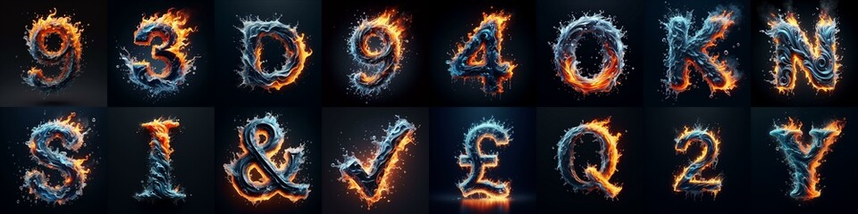 Naklejka premium Lettering Typeface That Blends water and fire. AI generated illustration