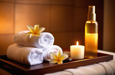 Fototapeta na wymiar Spa still life with aromatic candles, essential oil, flowers and towels in a spa beauty salon.