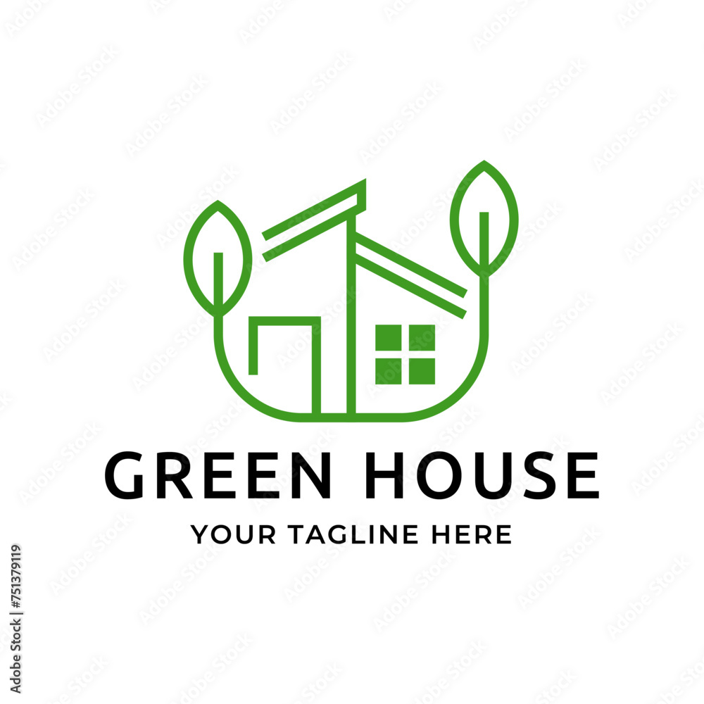 Wall mural Green house logo design vector illustration. eco green home farm plant cultivation logo design