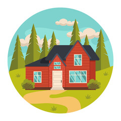 Residential house in the forest. Sky and trees in the background. Summer or spring season. Vector graphic.