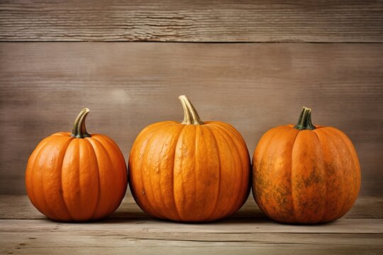 three pumpkins against the background of wooden walls.