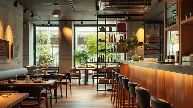 The image shows a modern and stylish restaurant with a warm and inviting atmosphere.