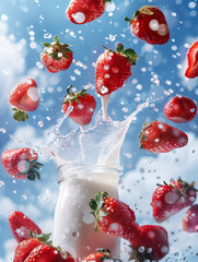 Strawberry in air with milk splashing around