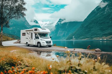 Vacation with Caravan car. Family travel RV, holiday trip in motorhome with beautiful nature landscape