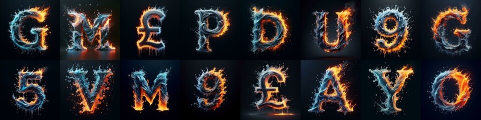 Fototapeta premium Lettering Typeface That Blends water and fire. AI generated illustration
