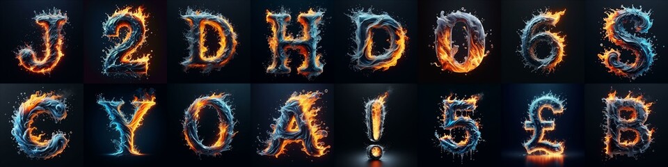 Fototapeta premium Lettering Typeface That Blends water and fire. AI generated illustration