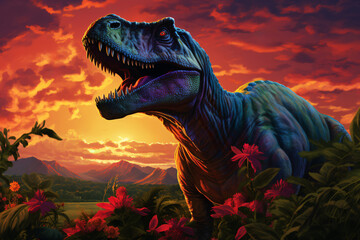 a dinosaur in a field of flowers