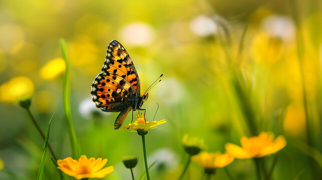 A beautiful butterfly with orange and black wings is perched on a yellow flower. The butterfly is surrounded by green leaves and yellow flowers. - Powered by Adobe