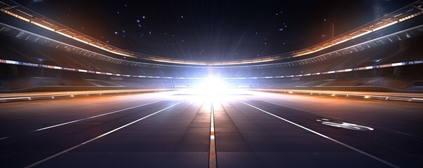 Race Track Arena with Spotlights. Empty Racing track with grandstands, shooting in the middle of...