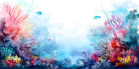 Colorful underwater world in watercolor style isolated on white background - obrazy, fototapety, plakaty