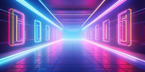 A brightly lit, neon corridor in stretching towards a bright light at the end