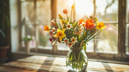 A vibrant bouquet of orange tulips and yellow daffodils sits elegantly in a clear glass vase on a wooden table, bathed in sunlight from a nearby window. - obrazy, fototapety, plakaty