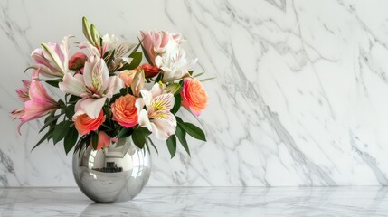 A lively bouquet of pink alstroemeria, cream roses, and greenery in a mirrored vase creates a captivating centerpiece, reflecting luxury and vibrant home decor
