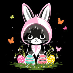 Ostern Katze  mit Ostereier im Hasenkostüm. Osterkatze mit bunten Eiern, Schneeglöckchen und Schmetterlingen im Frühling. 