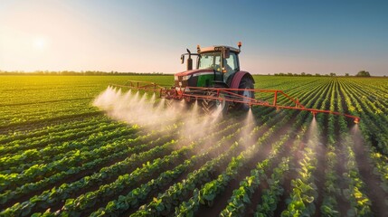 Spraying pesticides on soybean field at sunrise. Agricultural machinery in crop field. Modern farming technique in soy cultivation.