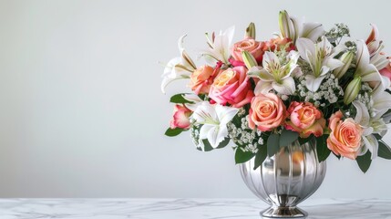 Elegant flower arrangement in silver vase on marble surface. Beautiful bouquet with roses and lilies. Sophisticated floral decor for luxury event.