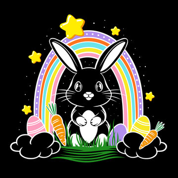 Osterhase, Hase mit Regenbogen, Sternen, Karotten, Ostergras und Ostereier. 