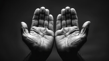 Black and white Muslim prayer open two empty hands with palms up on dark room background. Open palms facing up in black and white photography. Human hands open in a gesture of receiving or giving. - obrazy, fototapety, plakaty
