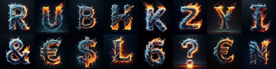 Naklejka premium Lettering Typeface That Blends water and fire. AI generated illustration