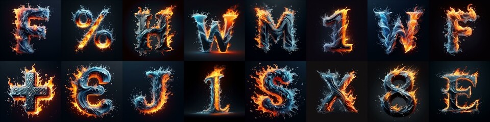 Lettering Typeface That Blends water and fire. AI generated illustration