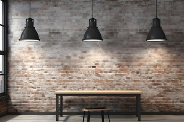 Beautiful background of loft style interior with brick wallwooden ceiling and black ceiling lamp spot light for placing product or highlight item with brick wall background shop decor loft style
