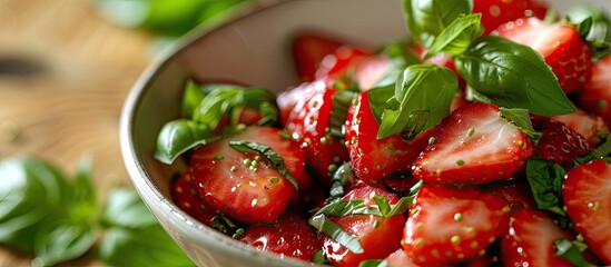 A close-up view of a bowl filled with vibrant and fresh strawberries. The red strawberries are arranged in a delicious and appealing manner, showcasing their natural colors and textures.
