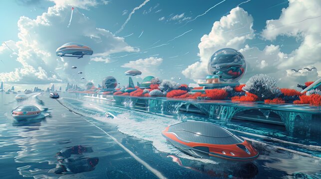 Futuristic Sea Road Exploration: Futuristic Sea Road Exploration, depicting the high-speed journey of vehicles above the water, enriched with colorful coral reefs underwater and flying vehicles