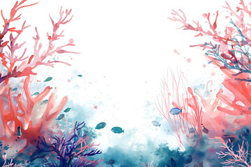 Fototapeta na wymiar Beautiful colorful underwater world watercolor framework on white background