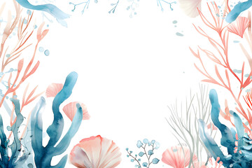 Beautiful colorful underwater world watercolor framework on  white background